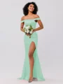 Sheath/Column Silk like Satin Ruched Off-the-Shoulder Sleeveless Sweep/Brush Train Bridesmaid Dresses
