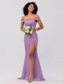 Sheath/Column Silk like Satin Ruched Off-the-Shoulder Sleeveless Sweep/Brush Train Bridesmaid Dresses