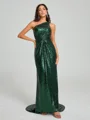 Sheath/Column One-Shoulder Sweep/Brush Train Sleeveless Sequins Bridesmaid Dress