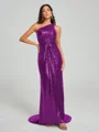 Sheath/Column One-Shoulder Sweep/Brush Train Sleeveless Sequins Bridesmaid Dress