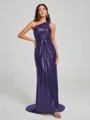 Sheath/Column One-Shoulder Sweep/Brush Train Sleeveless Sequins Bridesmaid Dress