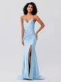 Sheath/Column Silk Like Satin Ruched Spaghetti Straps Sleeveless Sweep/Brush Train Bridesmaid Dresses
