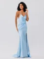 Sheath/Column Silk Like Satin Ruched Spaghetti Straps Sleeveless Sweep/Brush Train Bridesmaid Dresses