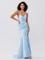 Sheath/Column Silk Like Satin Ruched Spaghetti Straps Sleeveless Sweep/Brush Train Bridesmaid Dresses