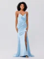 Sheath/Column Silk Like Satin Ruched Spaghetti Straps Sleeveless Sweep/Brush Train Bridesmaid Dresses