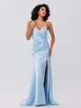 Sheath/Column Silk Like Satin Ruched Spaghetti Straps Sleeveless Sweep/Brush Train Bridesmaid Dresses