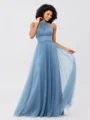 A-Line/Princess Tulle Ruched Halter Sleeveless Floor-Length Bridesmaid Dresses