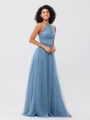 A-Line/Princess Tulle Ruched Halter Sleeveless Floor-Length Bridesmaid Dresses