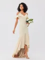 Trumpet/Mermaid Jersey Ruffles V-neck Sleeveless Asymmetrical Bridesmaid Dresses