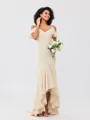 Trumpet/Mermaid Jersey Ruffles V-neck Sleeveless Asymmetrical Bridesmaid Dresses