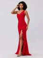 Sheath/Column Stretch Crepe Ruffles One-Shoulder Sleeveless Sweep/Brush Train Bridesmaid Dresses