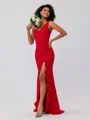 Sheath/Column Stretch Crepe Ruffles One-Shoulder Sleeveless Sweep/Brush Train Bridesmaid Dresses