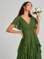 A-line/Princess V-neck Floor-Length Short Sleeves Chiffon Bridesmaid Dress