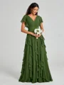 A-line/Princess V-neck Floor-Length Short Sleeves Chiffon Bridesmaid Dress