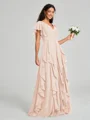 A-line/Princess V-neck Floor-Length Short Sleeves Chiffon Bridesmaid Dress