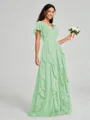 A-line/Princess V-neck Floor-Length Short Sleeves Chiffon Bridesmaid Dress