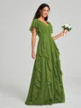 A-line/Princess V-neck Floor-Length Short Sleeves Chiffon Bridesmaid Dress