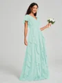 A-line/Princess V-neck Floor-Length Short Sleeves Chiffon Bridesmaid Dress