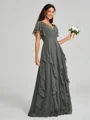 A-line/Princess V-neck Floor-Length Short Sleeves Chiffon Bridesmaid Dress