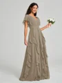 A-line/Princess V-neck Floor-Length Short Sleeves Chiffon Bridesmaid Dress