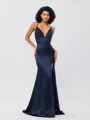 Sheath/Column Silk Like Satin Ruched V-neck Sleeveless Sweep/Brush Train Bridesmaid Dresses