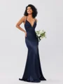 Sheath/Column Silk Like Satin Ruched V-neck Sleeveless Sweep/Brush Train Bridesmaid Dresses