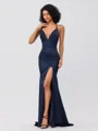 Sheath/Column Silk Like Satin Ruched V-neck Sleeveless Sweep/Brush Train Bridesmaid Dresses
