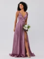 A-Line/Princess Silk like Satin Ruffles V-neck Sleeveless Sweep/Brush Train Bridesmaid Dresses