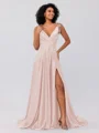 A-Line/Princess Silk like Satin Ruffles V-neck Sleeveless Sweep/Brush Train Bridesmaid Dresses