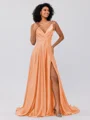 A-Line/Princess Silk like Satin Ruffles V-neck Sleeveless Sweep/Brush Train Bridesmaid Dresses