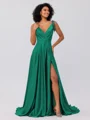 A-Line/Princess Silk like Satin Ruffles V-neck Sleeveless Sweep/Brush Train Bridesmaid Dresses