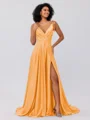 A-Line/Princess Silk like Satin Ruffles V-neck Sleeveless Sweep/Brush Train Bridesmaid Dresses