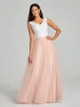 A-Line/Princess V-neck Floor-Length Sleeveless Tulle Bridesmaid Dress