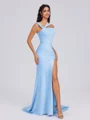 Sheath Halter Pleated Sweep Train Charmeuse Bridesmaid Dress