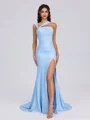 Sheath Halter Pleated Sweep Train Charmeuse Bridesmaid Dress