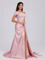 Sheath One-Shoulder Pleated Sweep Train Silk Like Satin Bridesmaid Dress