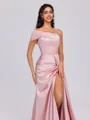 Sheath One-Shoulder Pleated Sweep Train Silk Like Satin Bridesmaid Dress