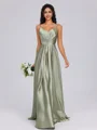 A-line V-neck Pleated Floor-Length Silk Like Satin Bridesmaid Dress