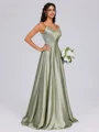 A-line V-neck Pleated Floor-Length Silk Like Satin Bridesmaid Dress