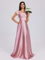 A-line Square Short Sleeves Floor-Length Silk Like Satin Bridesmaid Dress