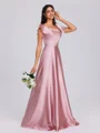 A-line Square Short Sleeves Floor-Length Silk Like Satin Bridesmaid Dress