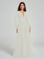 A-Line/Princess V-neck Sweep/Brush Train Long Sleeves Chiffon Bridesmaid Dress