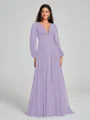 A-Line/Princess V-neck Sweep/Brush Train Long Sleeves Chiffon Bridesmaid Dress