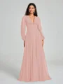 A-Line/Princess V-neck Sweep/Brush Train Long Sleeves Chiffon Bridesmaid Dress
