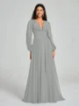 A-Line/Princess V-neck Sweep/Brush Train Long Sleeves Chiffon Bridesmaid Dress