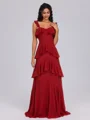 A-line Straps Cascading Ruffles Floor-Length Chiffon Bridesmaid Dress