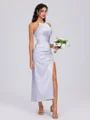 Sheath Halter Pleated Ankle-Length Silk Like Satin Bridesmaid Dress