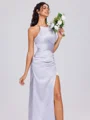 Sheath Halter Pleated Ankle-Length Silk Like Satin Bridesmaid Dress