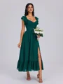 A-line V-neck Ruffles Tea-Length Chiffon Bridesmaid Dress