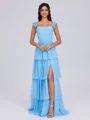 A-line Square Cascading Ruffles Floor-Length Chiffon Corset Bridesmaid Dress
